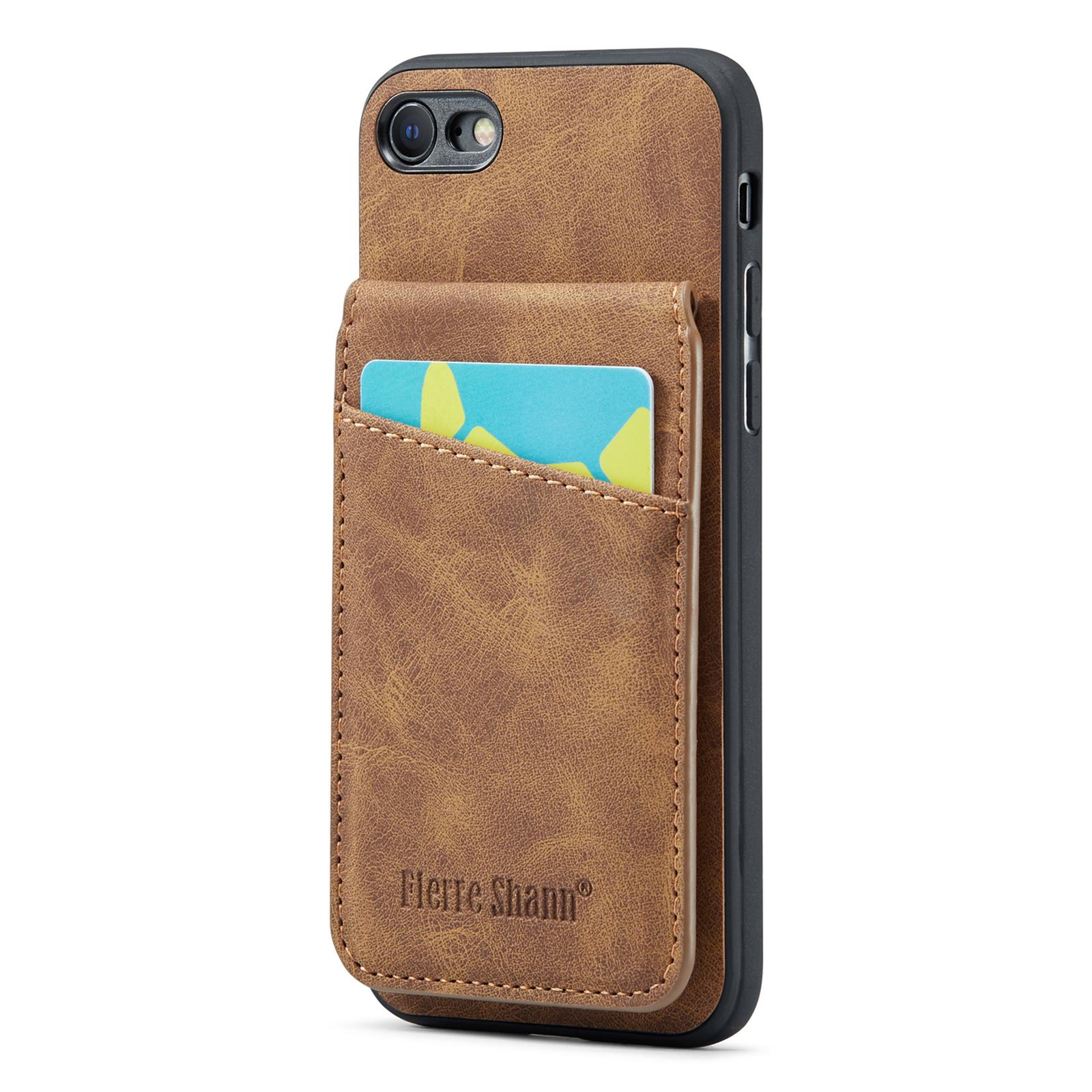 

FIERRE SHANN For iPhone 7/8/SE (2020)/SE (2022) Card Holder Phone Case Kickstand PU Leather+TPU Cover Brown