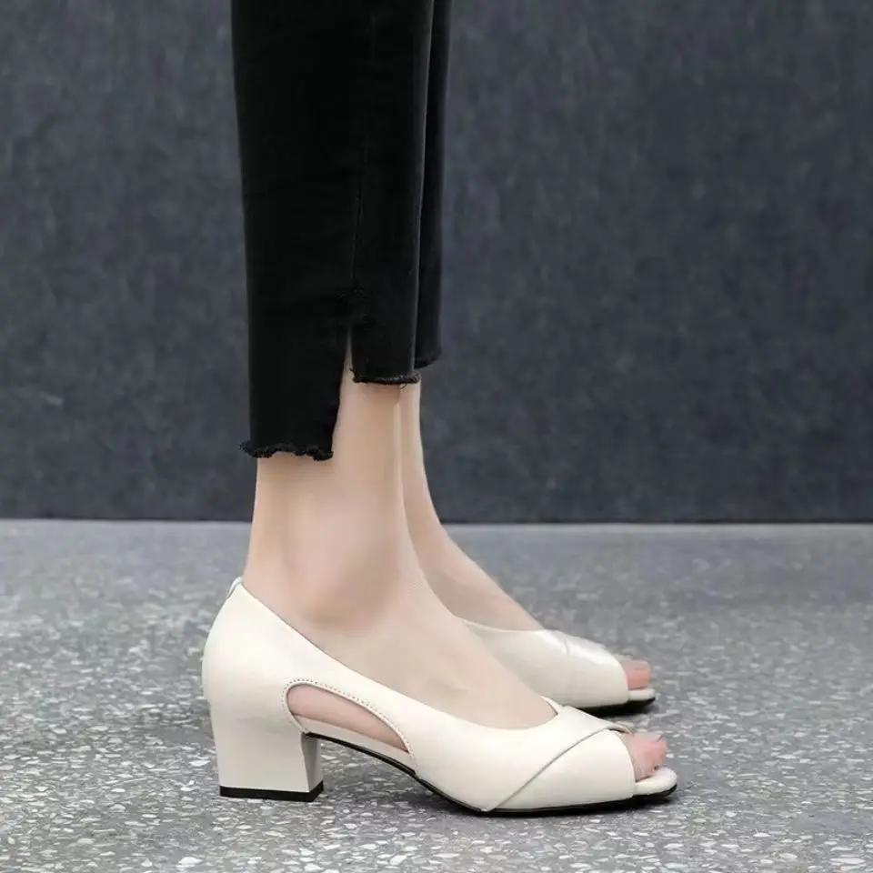 Fashion Leather Summer 2024 Outdoor Open Toe Thick Heel for Office Work Ladies Shoes Footwear with Medium Heels Black Sandals Women Sale