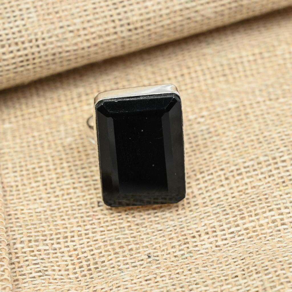 Faceted Black Onyx Gemstone 925 Sterling Silver Handmade Ring Antique Jewelry