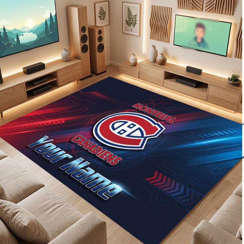 Montreal Canadiens Personalized Crystal Velvet Carpet, Customized Name Text Soft Anti‑Slip Rug for Living Room Bedroom