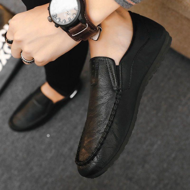 Herbst Herren Freizeitlederschuhe Bohnenschuhe, Vielseitige Slipper Ein Fuß Kicken Fahren Weichsohlige kleine Lederschuhe für Herren