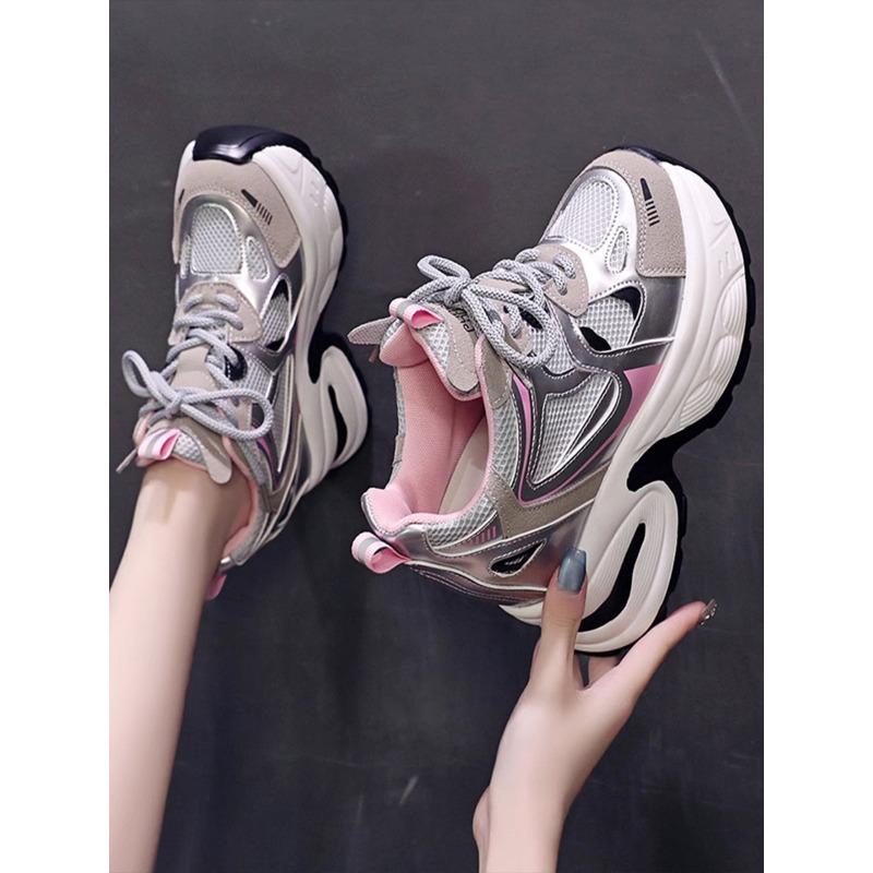 High Platform Casual Lace-up Sneakers for Women 10CM Designer Lightweight Breath Mesh Leather Thick Heel Sport Dad Shoes