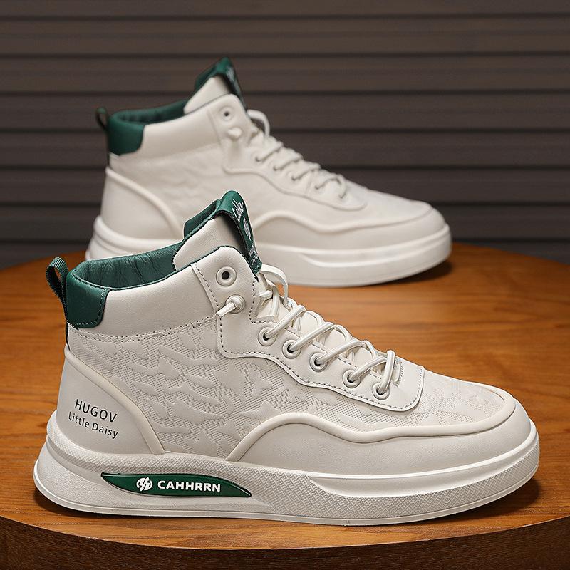 High-Top Autumn Men'S Sports Shoes Solid Color Leather Fashion Lace-Up Free Foot Cover Casual Work Board Shoes Men'S Shoes