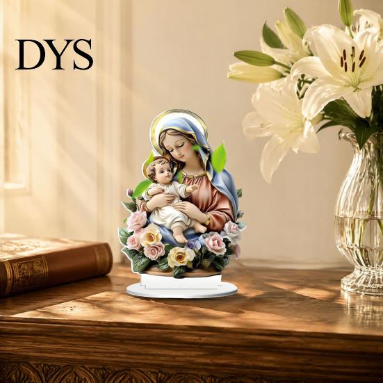 Spiritual Gift for Baptism Virgin And Angel Ornament, 2D Acrylic Religious Ornament with Catholic Statue Base, Table Centerpiece, Christian