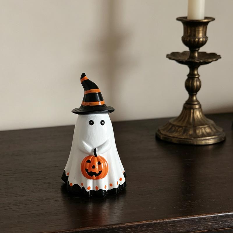 Halloween Resin Ghost Figurine Cute Witch Hat Pumpkin Decor Home Party Ornament