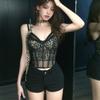 Sleeveless Leopard Mesh Corset Transparent Slim Crop Tops Suspender Vest with Pads  Spring Summer