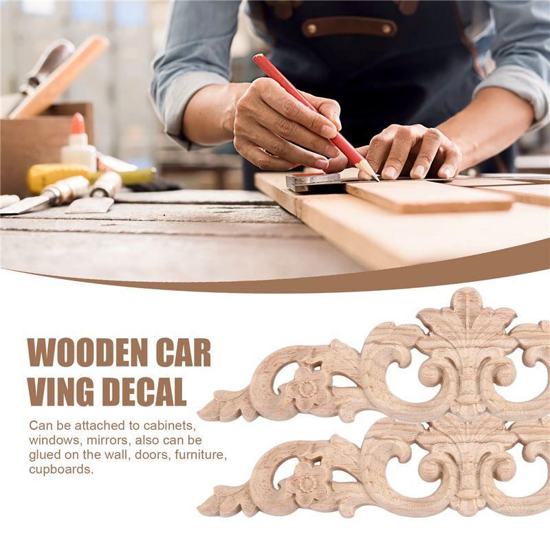 M-Modern-6Pcs Onlay Wood Mouldings Wood Applique Wood Decal Carved Unpainted Long Flower Rubber Wood Corner Furniture