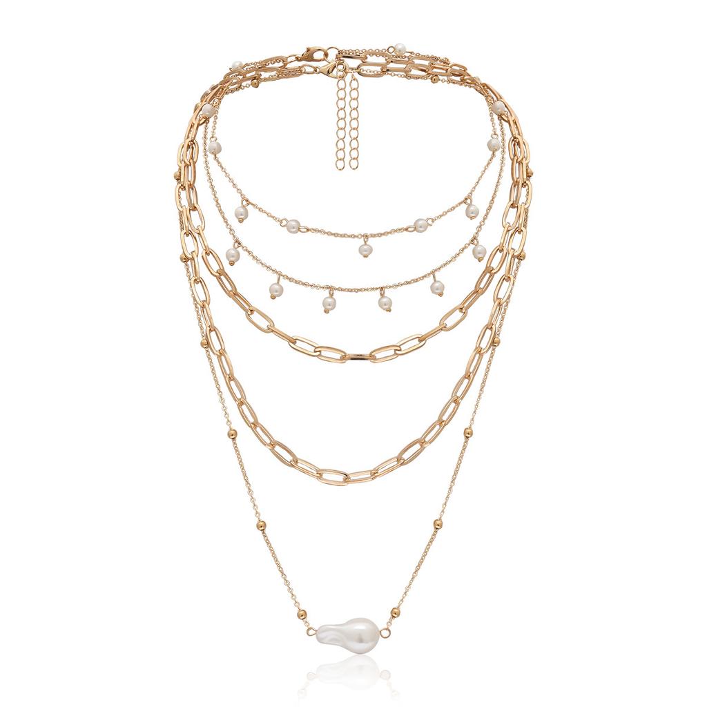 Simple Special-Shaped Imitation Pearl Chain Necklace, Temperament Round Bead Fringe Multi-Layer Geometric Necklace