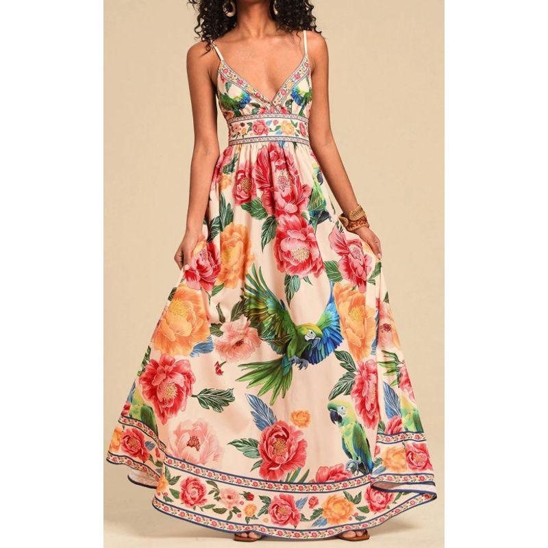 

New Sling Print V-neck Extra Long Knitted dress with Flower Figure. Earthy yellow S