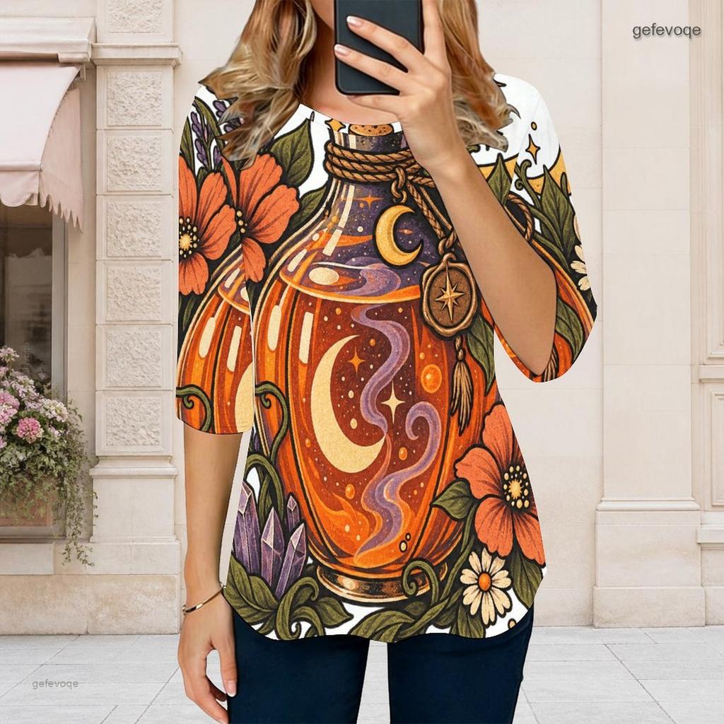 Women Plus Size Round Neck 3 4 Sleeve T Shirt Cartoon Tiger Printed Curved Hem With Pockets