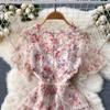 Summer Runway Gorgeous Flower Print Party Dress Women Holiday Flare Sleeve V Neck Beading Cascading Ruffles Mesh Lace Trims Cake Dresses