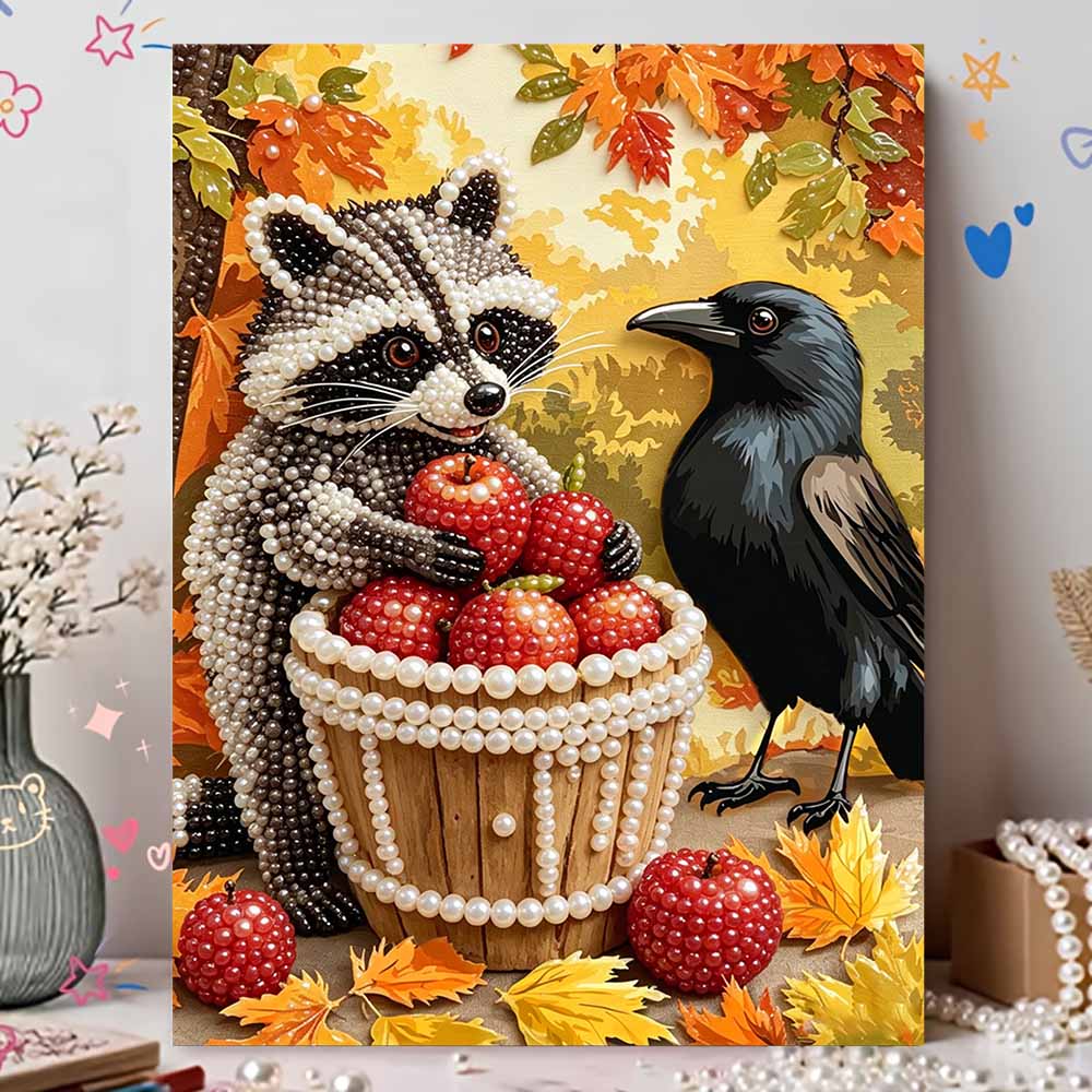 Pearl Painting DIY Kit Autumn Raccoon and Crow with Apples Frameless Sparkling Bead Art Canvas Creative Home Decor Craft for Beginners