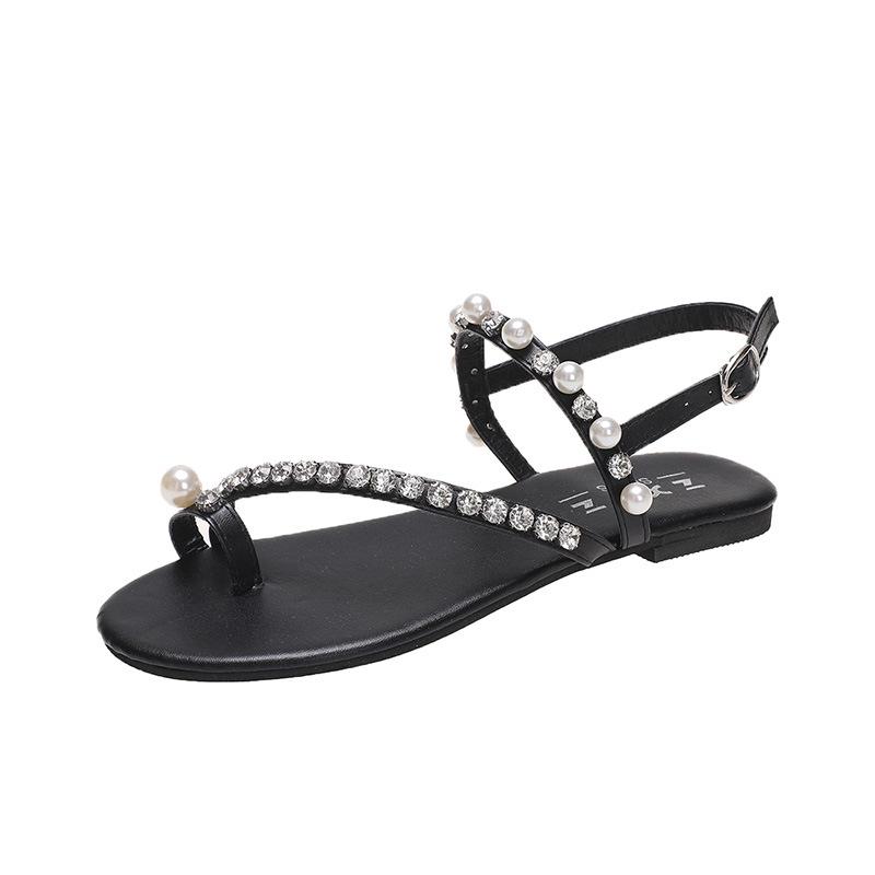 Women's 2024 Summer Rhinestone Pearl Flat Sandals - Korean Style Temperament Casual Shoes