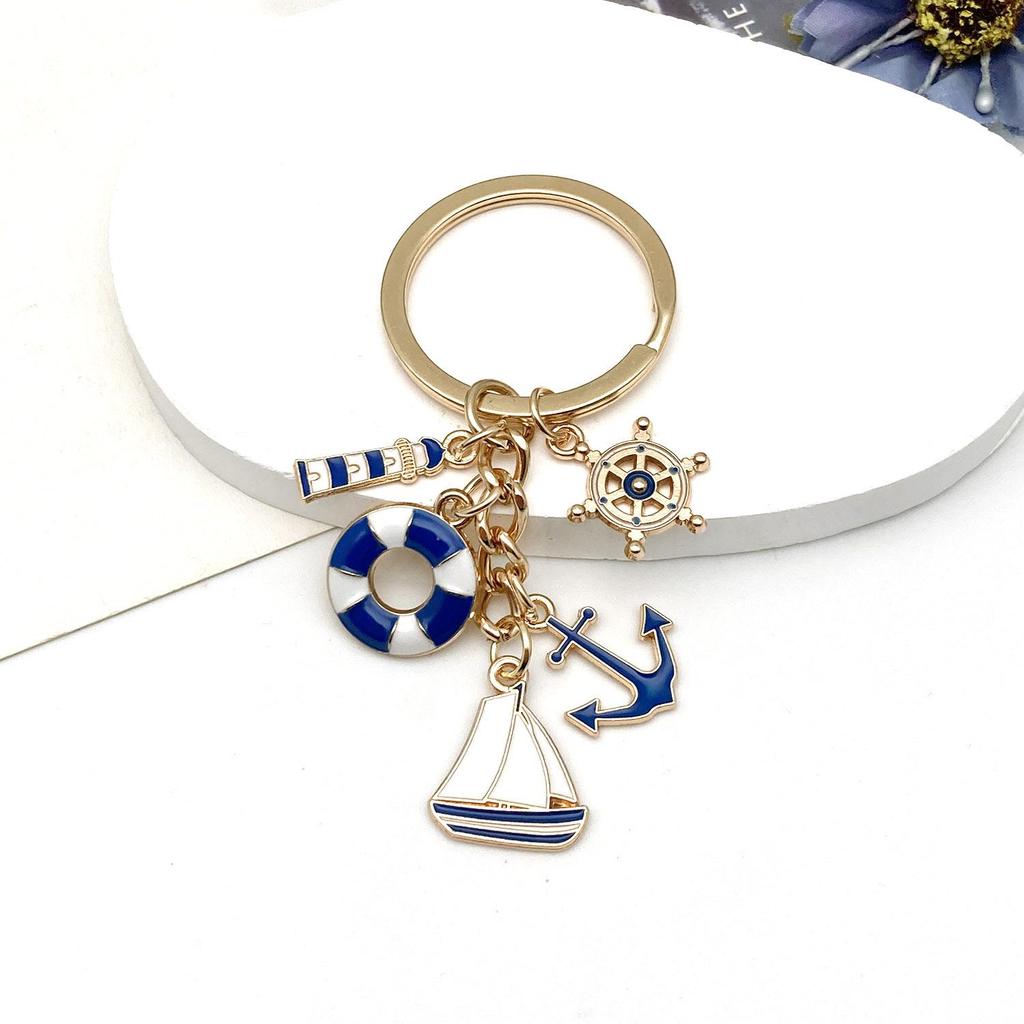 Blue Sailboat Lighthouse Lifebuoy Keychain - Maritime Worker Commemorative Pendant