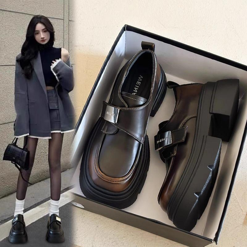 Fashion Sponge Cake Thick Soled Women's Small Leather Shoes New 2024 Spring Black Thick Heel Retro British Style Loafers Single Shoes