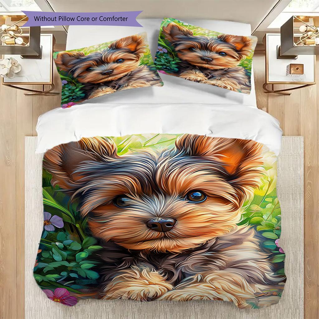 Yorkshire Terrier Pattern Bedding Quilt Set Quilt Cover Pillowcase Home Decoration Birthday Gift (1 * Duvet Cover + 2 * Pillowcase, Without Core)