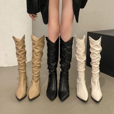 Soft Pu Leather Knee-High Boots Women 2026 Spring Autumn Thick Heels Long Boots Pleated Woman Black Back Zipper Knight Botas