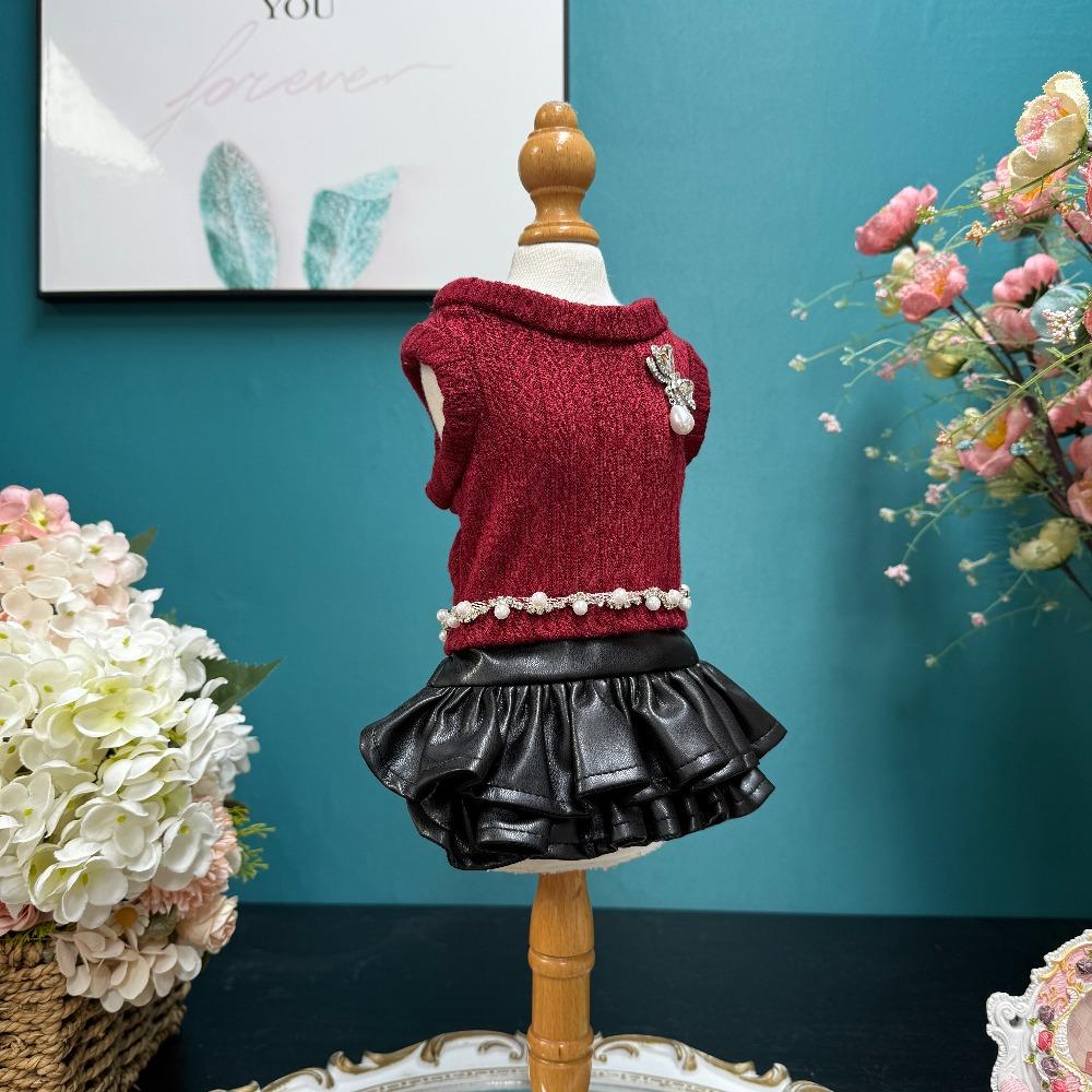 2025 Autumn Winter Puppy Overalls Handmade Knit Cotton Red Black Princess Dresses For Small Medium Dogs Pet Clothes Chihuahua