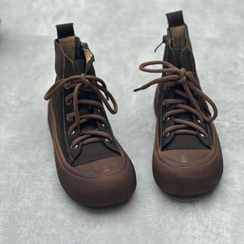 Johnature Vintage členkové čižmy z pravej kože s hrubou podrážkou, ležérne čižmy z hovädzej kože, dámske ploché topánky na platforme