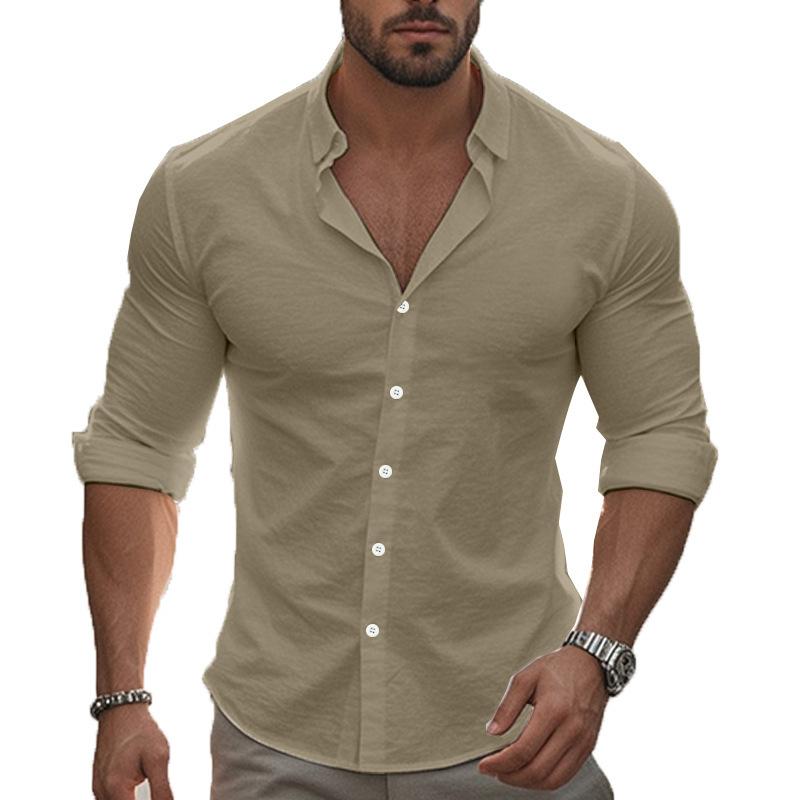 New Casual Solid-Colour Long-Sleeved Shirt Cotton Collared Button-Down Long-Sleeved Beach Shirt Top for Men