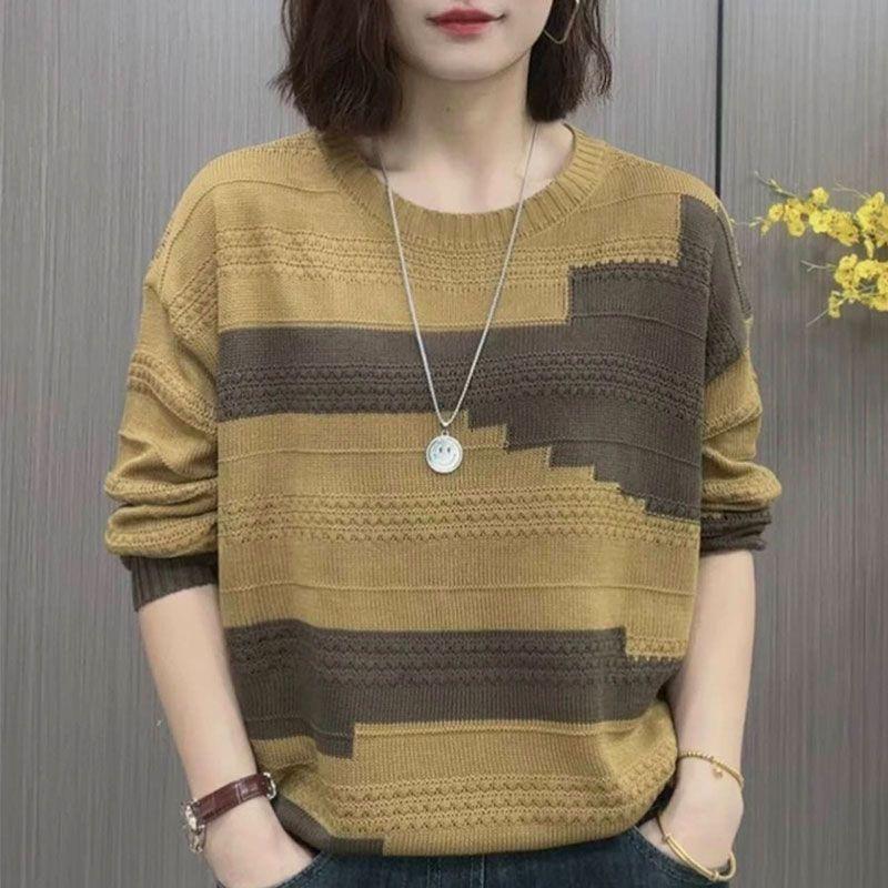 Maglione Girocollo Color Block Moda Blusa Premium Primavera Autunno Ampio Versatile Top in Maglia