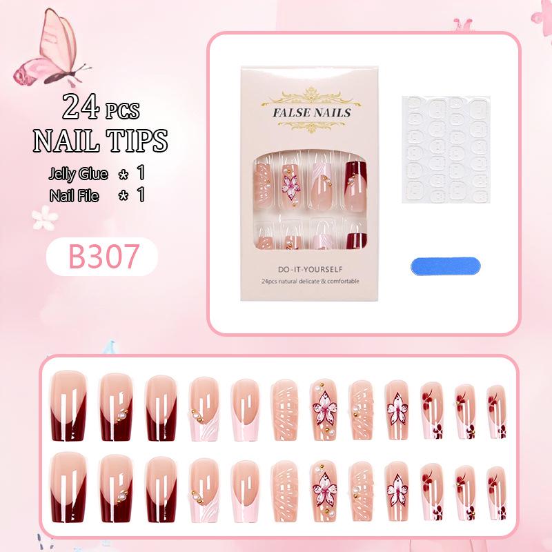 Pink 3D Floral Nail Art with Rhinestones - French Style False Nails