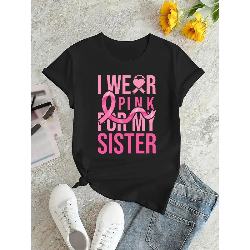 

Women s Pink Breast Cancer Awareness Letter Print Tee Crew Neck Short Sleeve Casual Top 4XL чорний