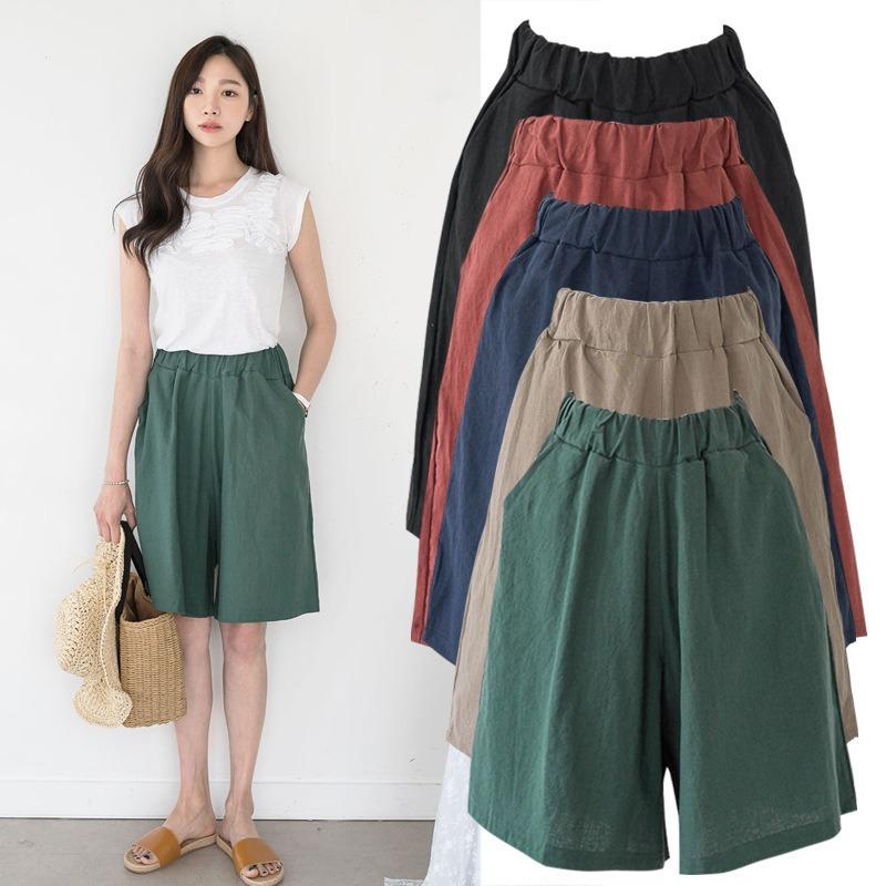 Cotton and Linen Five Quarter Pants Women's Summer Casual Shorts Plus Size Hot Pants Elastic Waist 5 Minutes Wide Leg Pants