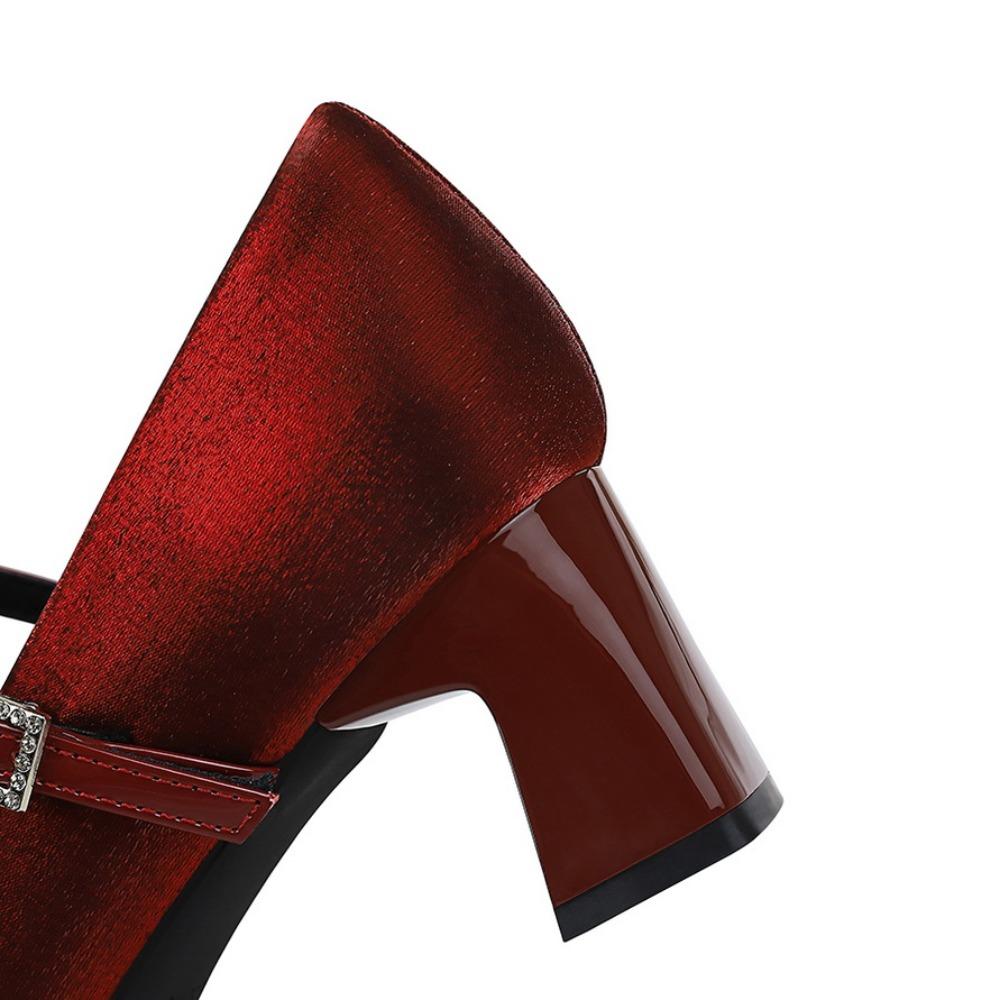 Thick Heel Medium Heel Single Shoes Women's Rhinestone Bow Versatile Satin One-word Buckle Strap Square Head Mary Jane Shoes