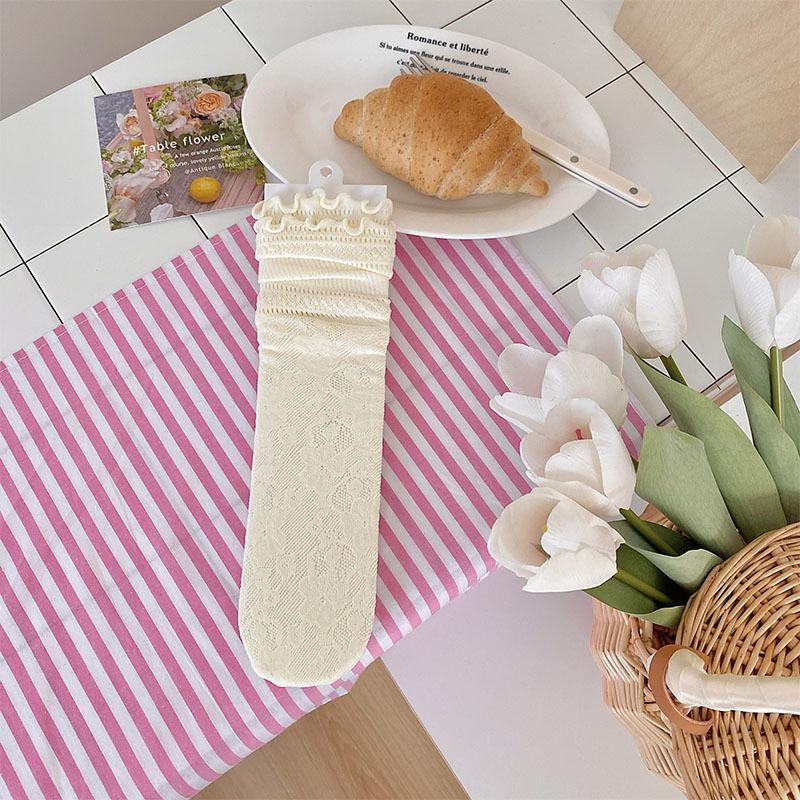 Women's Summer Thin Lace Flower Perforated Mesh Mid-calf Socks with Black Fungus Edges. Women's Pile Socks