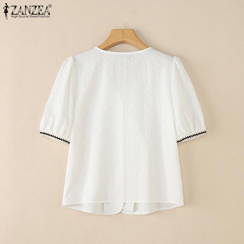 ZANZEA Elegant Women Short Sleeve Stitching Hem Buttons Casual Cropped Blouse