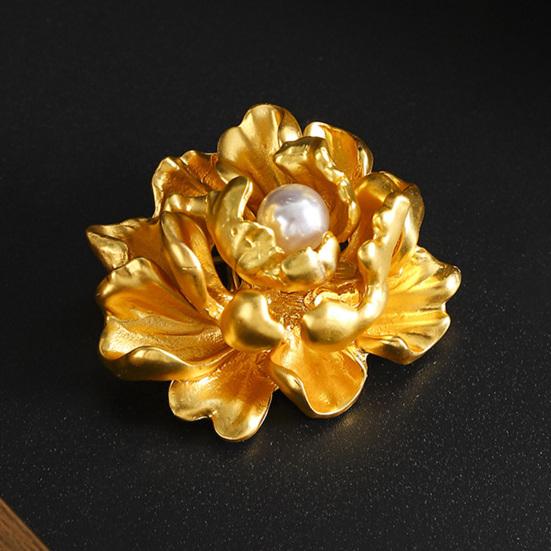 Faux Pearl Golden Peony Brooch Alloy Floral Lapel Pin Sweater Cardigan Coat Business Suit Clothing Accessories for Women Wife Girlfriend