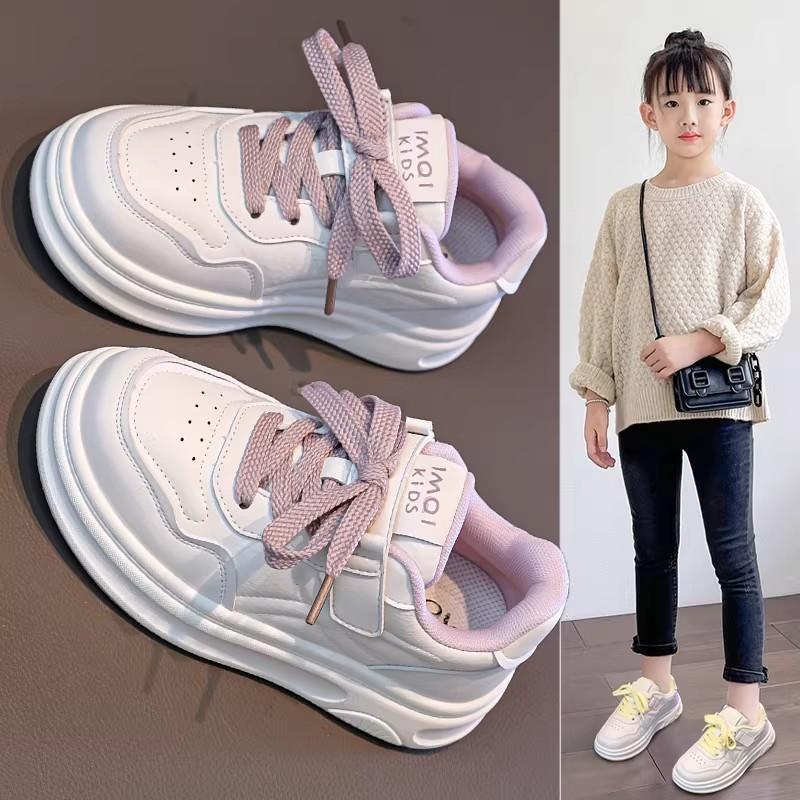 Youth style shoes Girls White Casual Sneakers Kids Low-Top Rubber Sole Non-Slip School Shoes