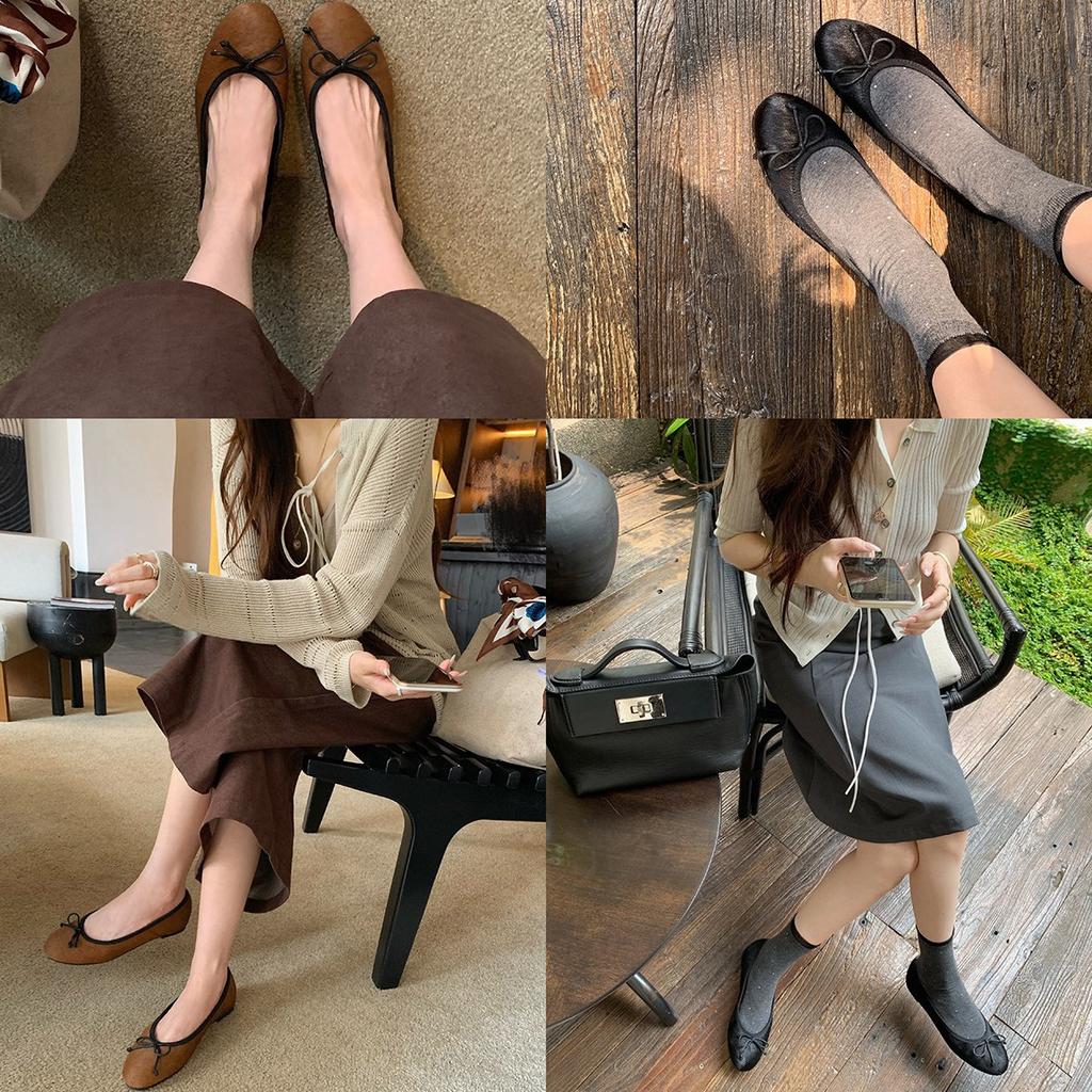 Sheepskin Version~ Leather Round Head Light Mouth Versatile Bow Leopard Print Flat Sole Shoes Women's Mary Jane Ballet Shoes Ladyshoes