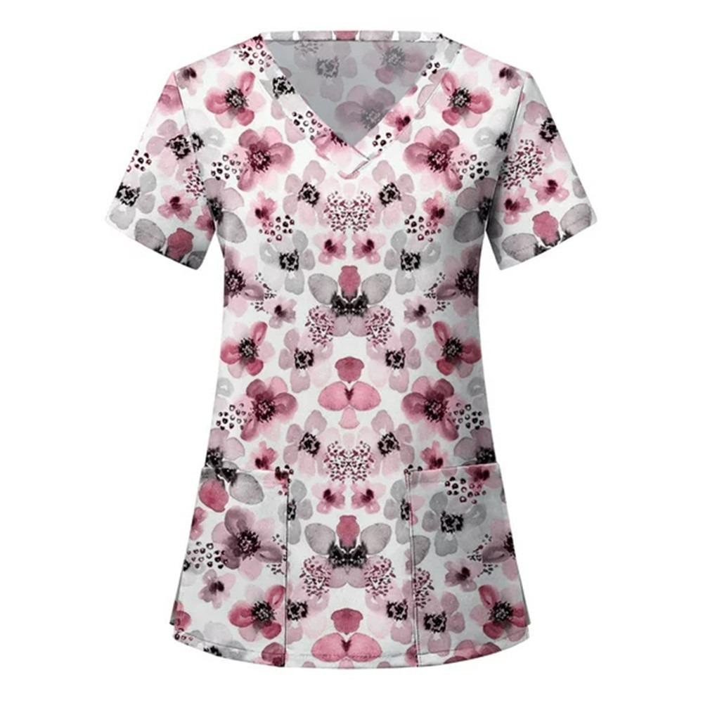 Women Nurse Uniform Floral 3D Print Tops V-Neck Pocket Medical Uniforms Nursing Short Sleeve T-shirt Tops Working Clothes