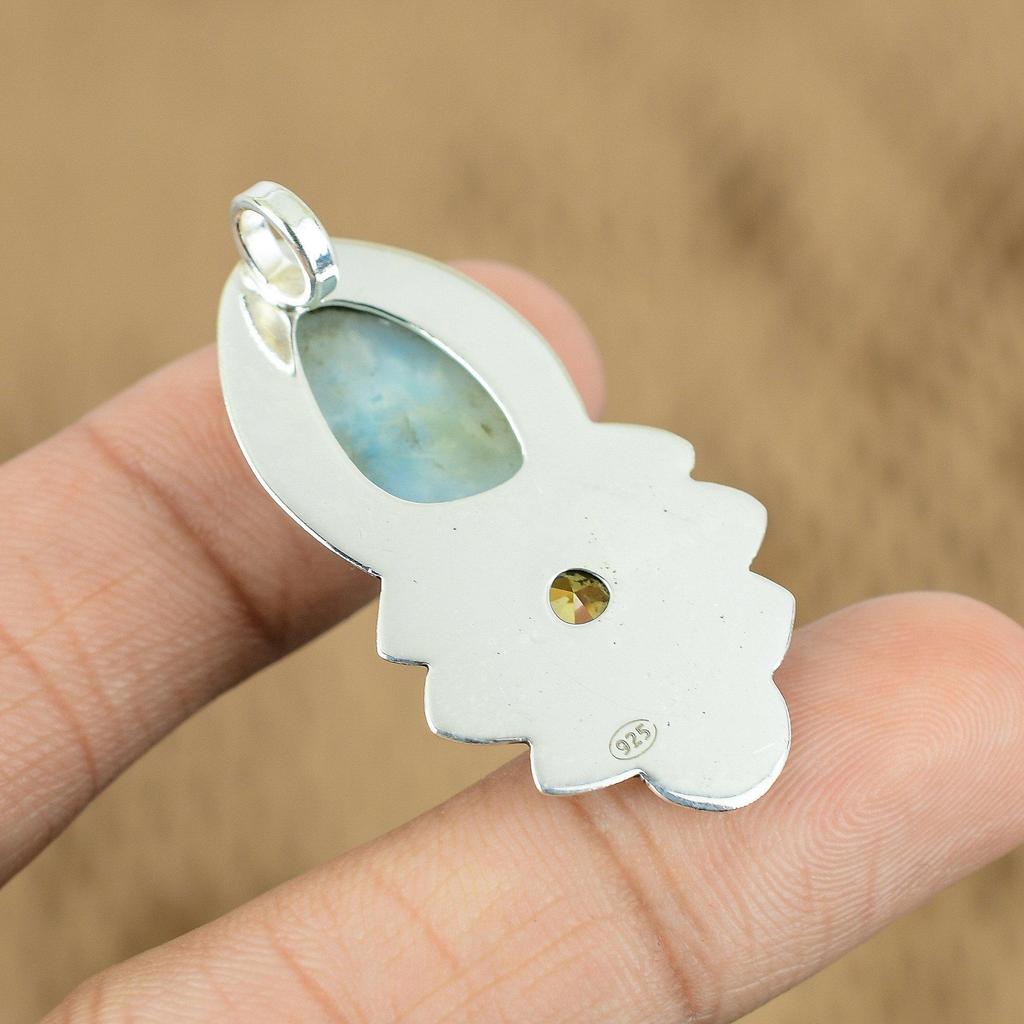 Natural Larimar Gemstone Pendant Handmade 925 Sterling Silver Indian Jewelry