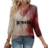Womens 3/4 Sleeve Daily Weekend V Neck Casual Printed Tshirts Loose Fit Pleated Tees Button Down Shirts
