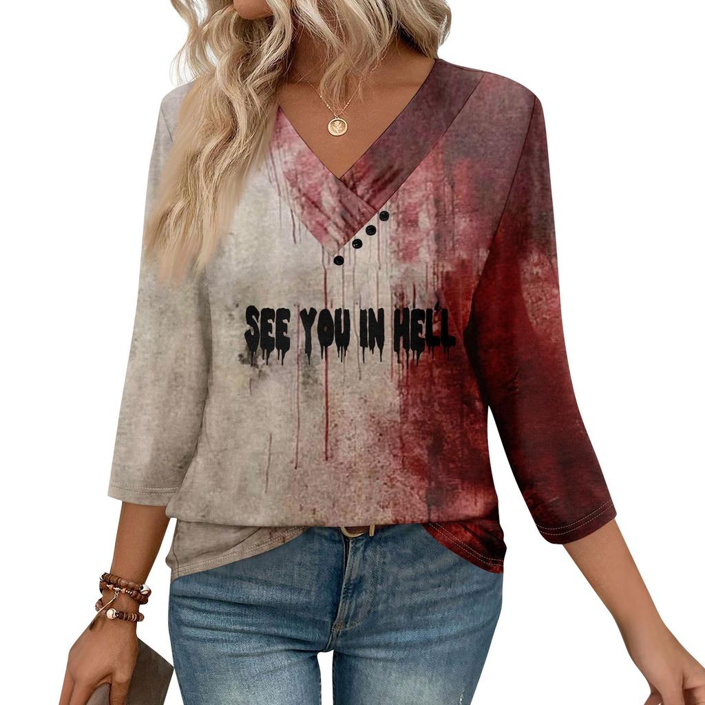 Womens 3/4 Sleeve Daily Weekend V Neck Casual Printed Tshirts Loose Fit Pleated Tees Button Down Shirts