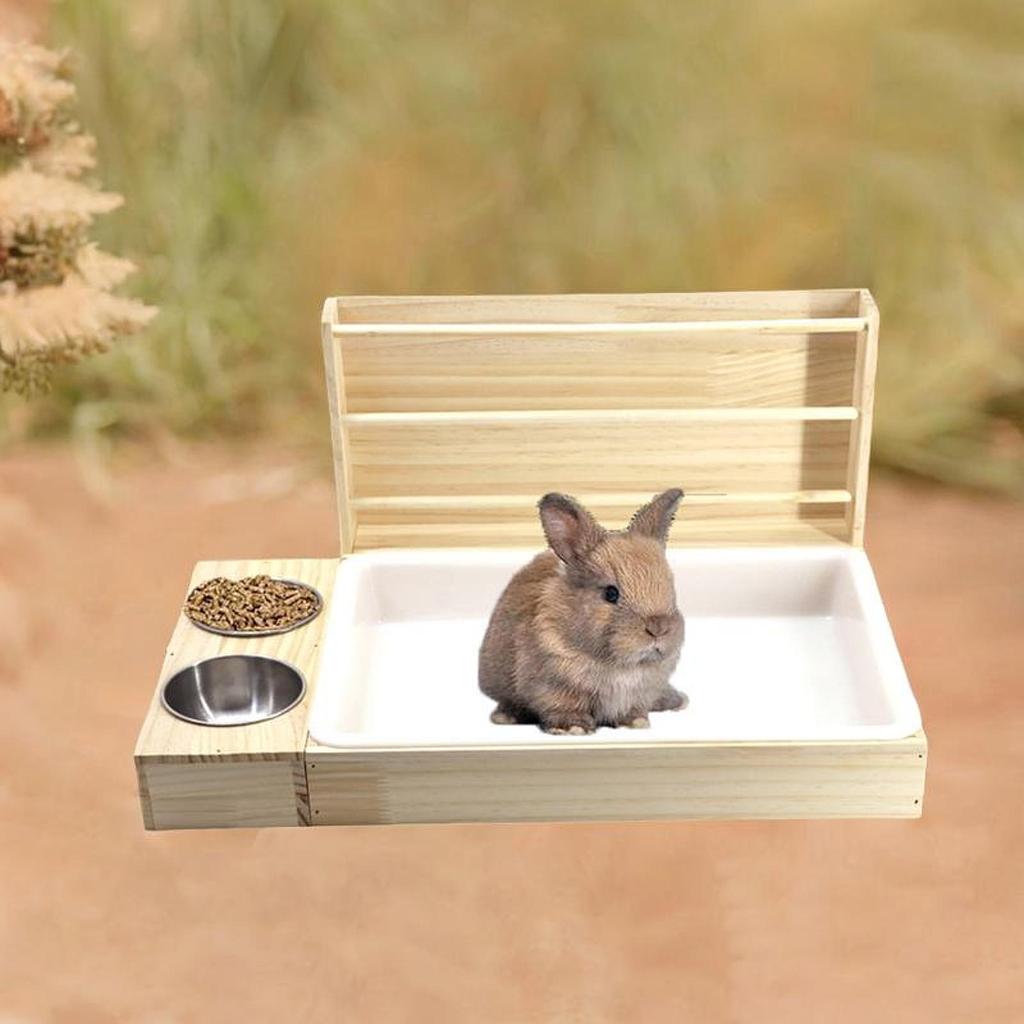 3 in 1 Rabbit Hay Feeder with Litter Box, Wooden Bowls for Guinea Pig Chinchilla