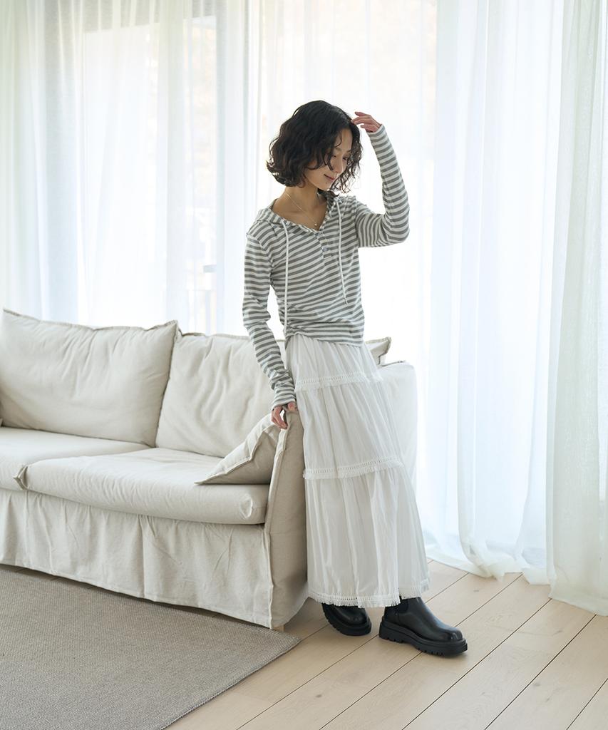 The Green Lab Tassel Frill Tiered Long Skirt [Ivory]