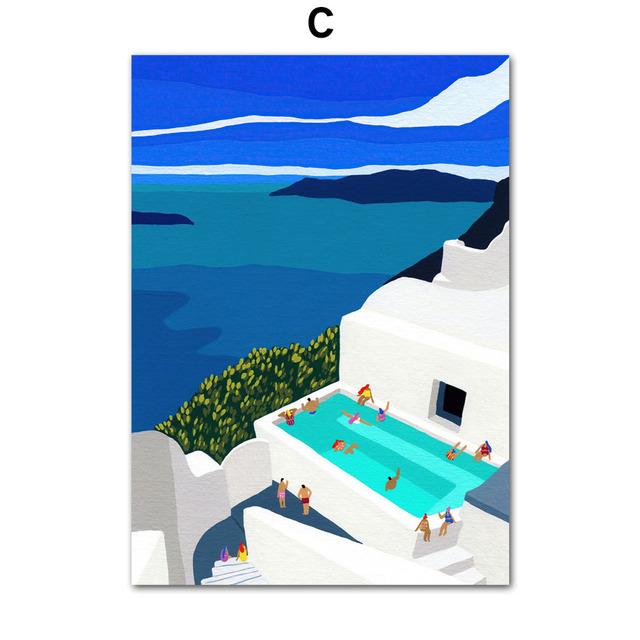 Tropical Morocco Beach Swim Pool Santorini Abstract Art Canvas Painting Posters and Prints Wall Pictures for Living Room Decor No Frame