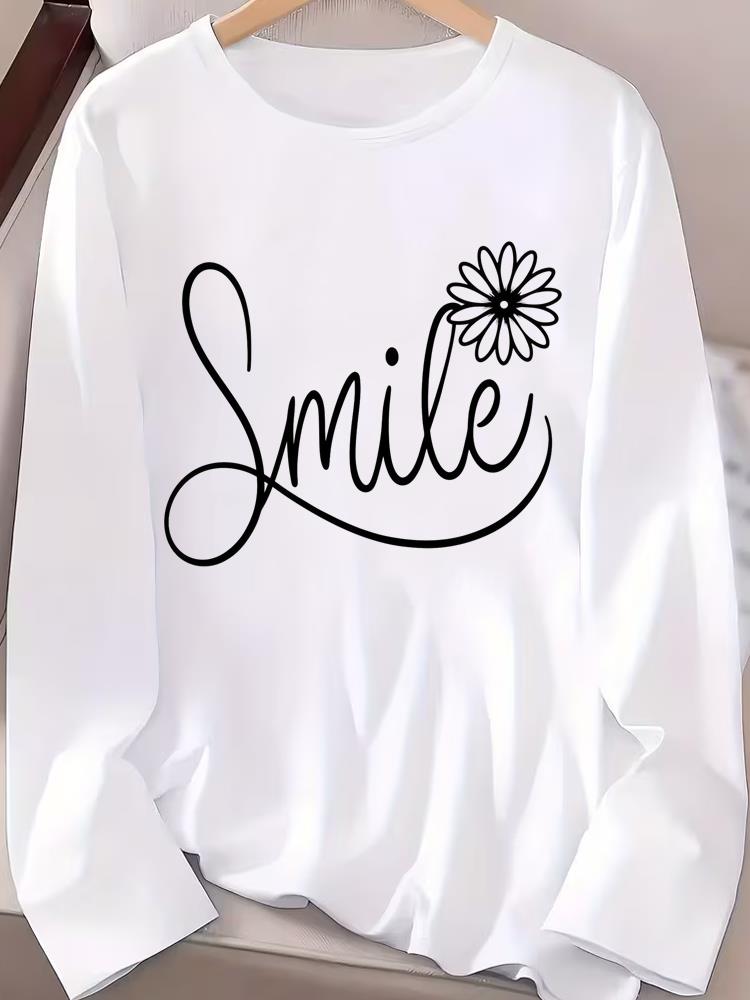 (Asian Size) Women Female Clothing Letter Cute 90s Casual Tee Lady Printed O-neck Long Sleeve T Shirt  Fashion Top Graphic T-shirts