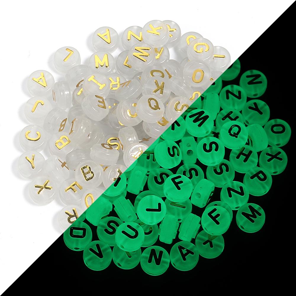 100pcs 10mm Acrylic Luminous Letter Beads Christmas Flat Round Loose Alphabet Beads For Jewelry Making DIY Bracelets Accessories