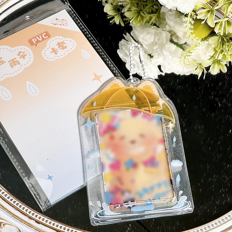 3 Inch Clear Umbrella Photocard Holder PVC Keychain Photo Card Holders ID Badge Holder Card Display Desktop Decor Card Sleeve