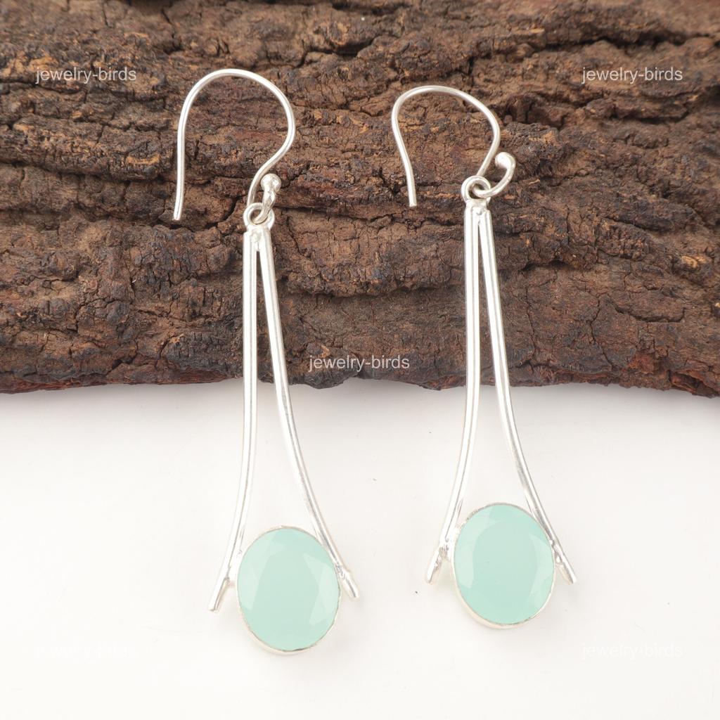 Natural Aqua Chalcedony 925 Sterling Silver Mothers Day Dangling Hook Earrings EE-136-16
