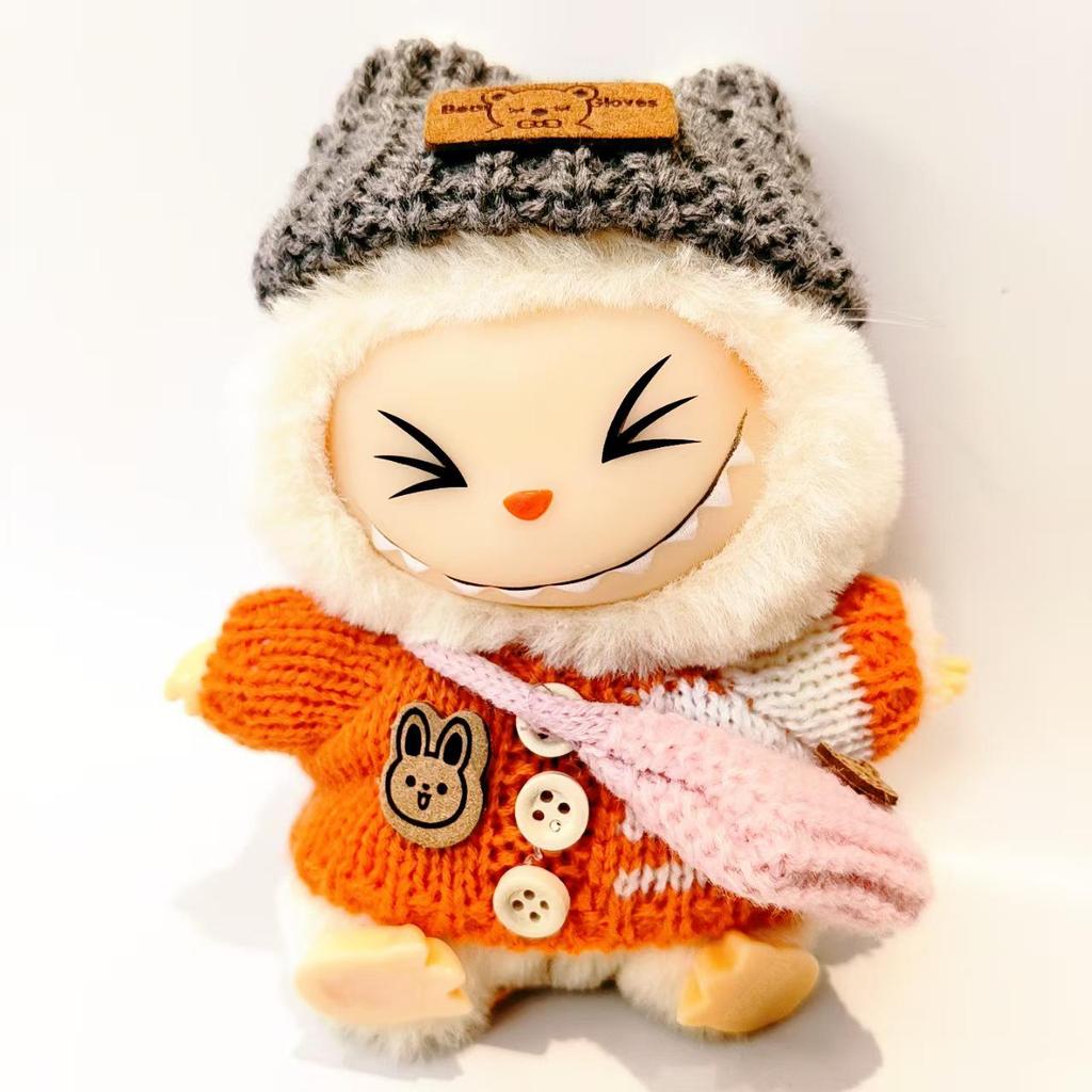 Labubu Doll Outfit Set: Knit Sweater, Hat, Button Charm, Small Bag, Vinyl Doll Clothes Replacement