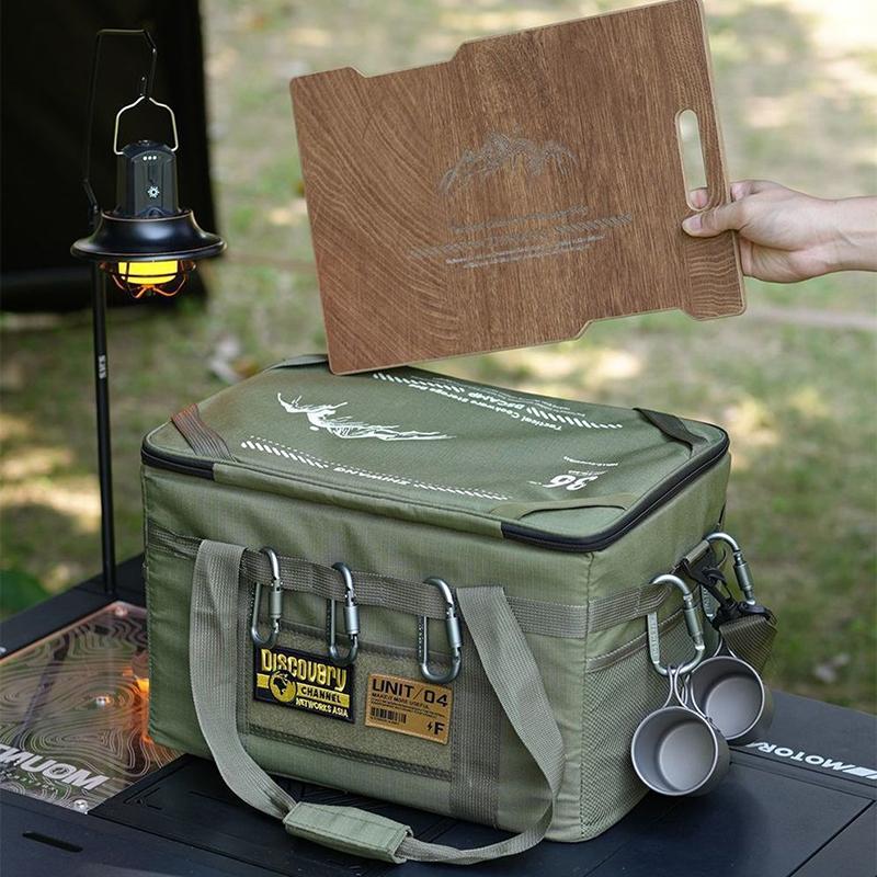 Borsa Tattica da Campeggio per Esterni, Organizer Portatile ad Alta Capacità con Coperchio in Legno per Utensili da Cucina e Bombole di Gas