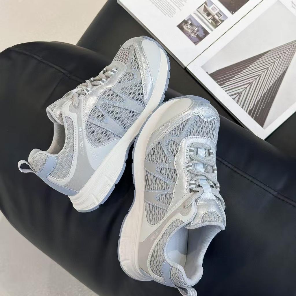 Sommer-Bergsteigen Dad Shoes Damen Leder Dicksohlige Einzelnes Mesh Atmungsaktiv und Leicht Outdoor Lauf-Sneaker