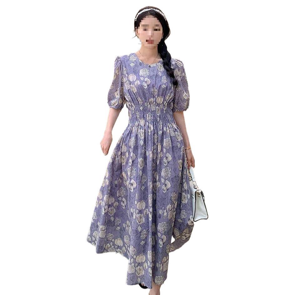 Summer Gentle Wind Pleated Bubble Sleeves Floral Dress High-end Temperament Women's French Waist A-shaped Long Skirt