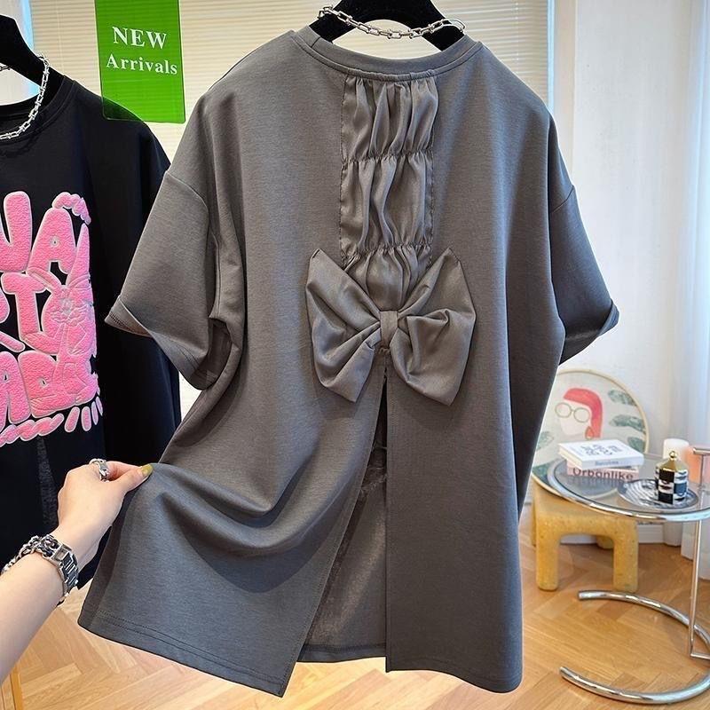 

W9Q pure cotton new back split T-shirt round neck bow fat mm loose and thin large size women s summer top M 【80-100】